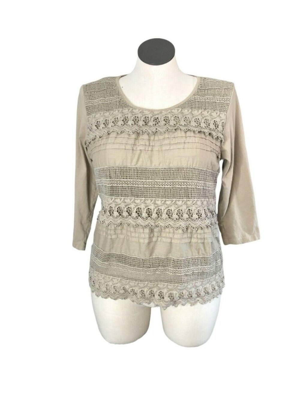 Kim Rogers Blouse Womens XL 3/4 Sleeves Beige Tan Macrame Embellishment Pullover